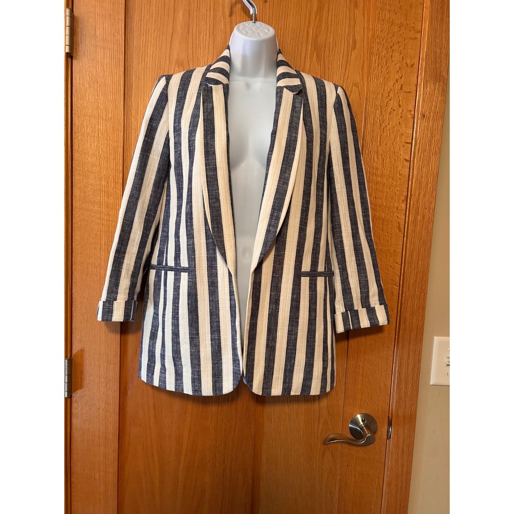 Bar III Women's Navy Blue Cream Striped Cotton Linen Open Front Blazer Jacket Sm